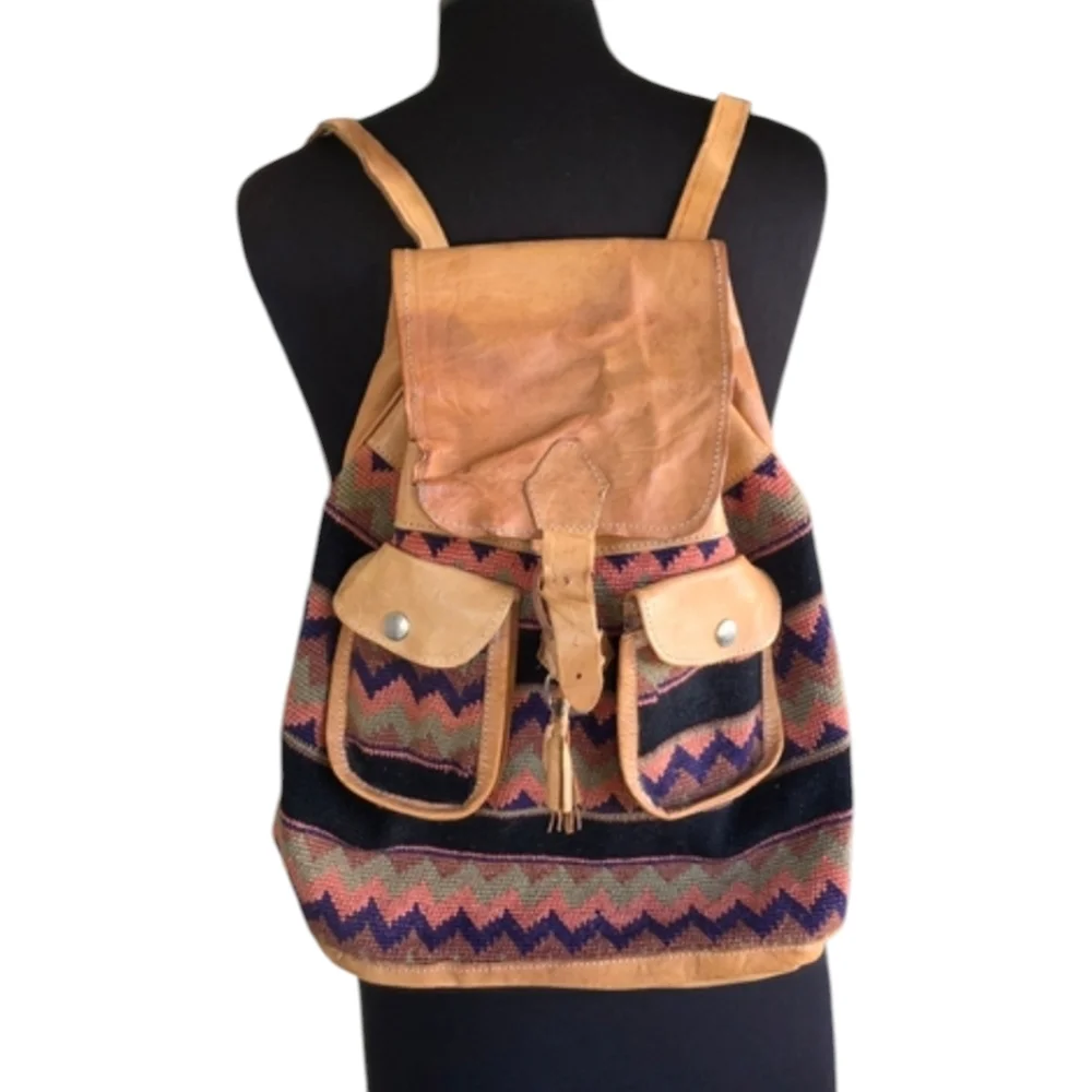Vintage Kilim Woven Tapestry Bag Boho Distressed Leather Tan Backpack
